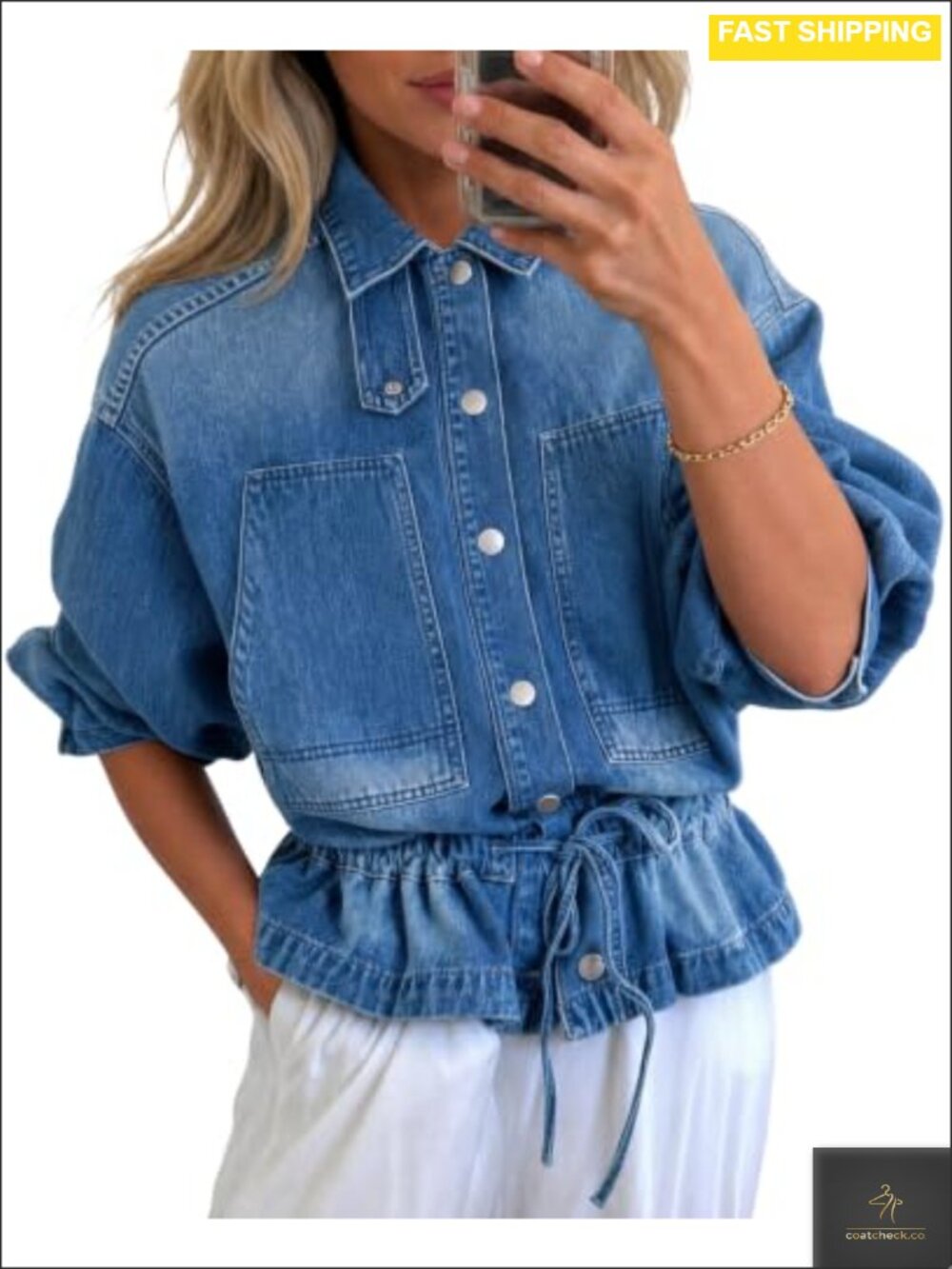 Women Drawstring Denim Jacket Button Down Collared Shacket